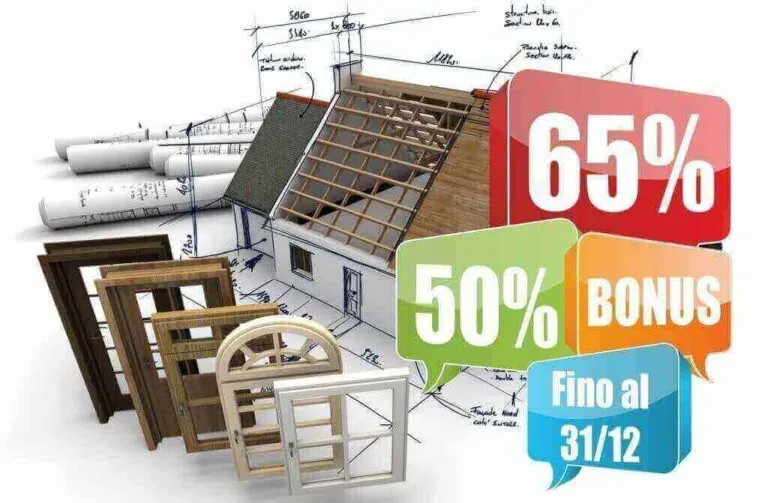 Composizione con la sezione di una casa, campioni di infissi e le etichette 65%, 50% bonus e fino al 31/12