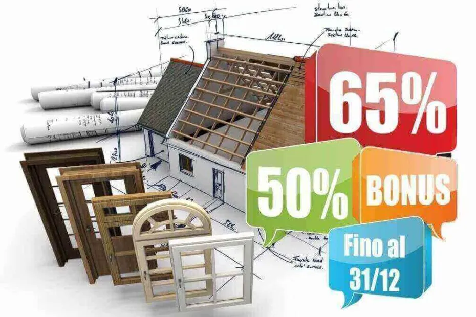 Composizione con la sezione di una casa, campioni di infissi e le etichette 65%, 50% bonus e fino al 31/12