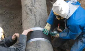 due addetti con attrezzatura apposita e sistemi di sicurezza incapsulano un tubo d'amianto